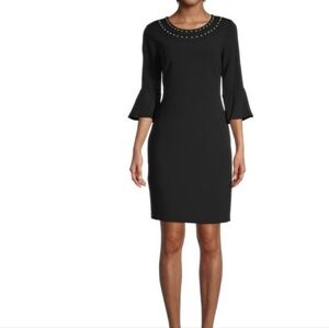 Karl Lagerfeld Paris Bell-Sleeve Black Sheath Dress With Pearl Elegant Size 2